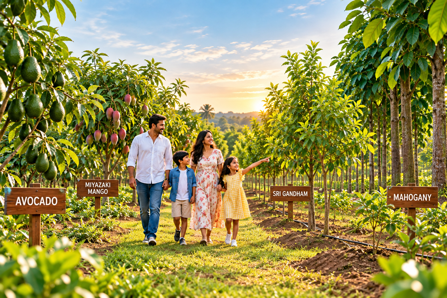Family walking through Anjani Properties plantation
